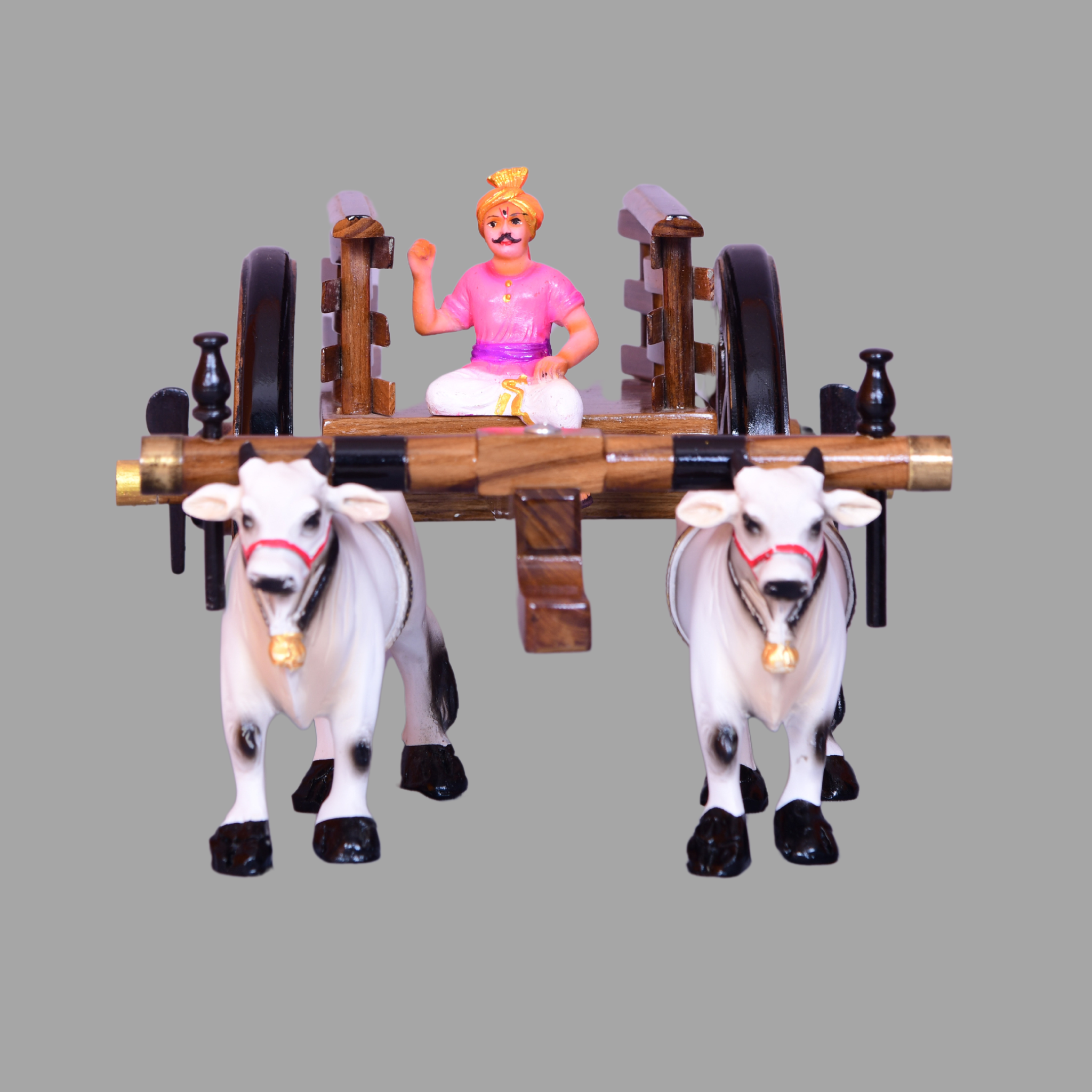 Handcrafted Teak Wood Bullock Cart with Fiber Bulls - Small Y-Shape Design, Brown Finish