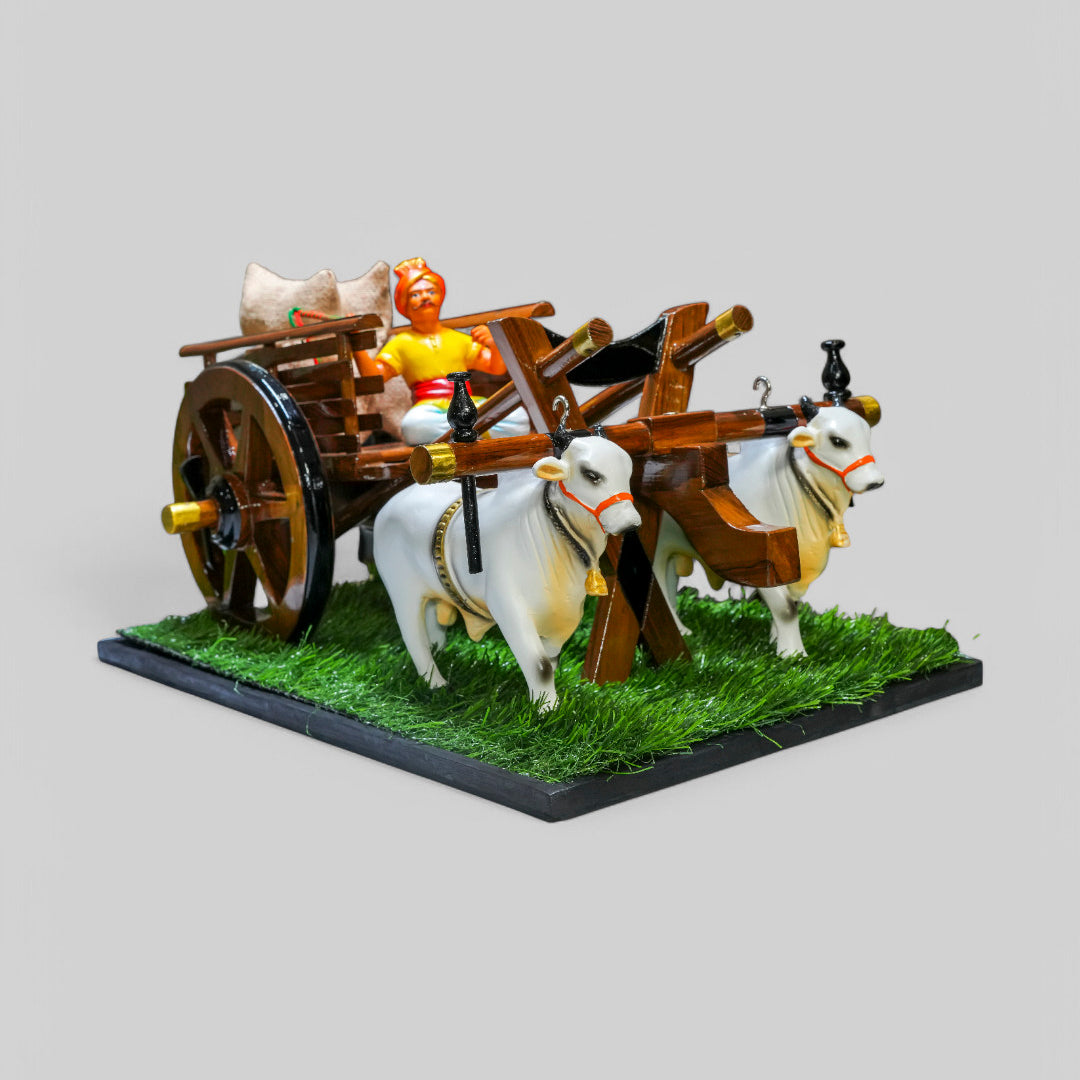 Teakwood Bullock Cart Gift Set – Medium — styled with bulls and farmer figure on grass base, view 2