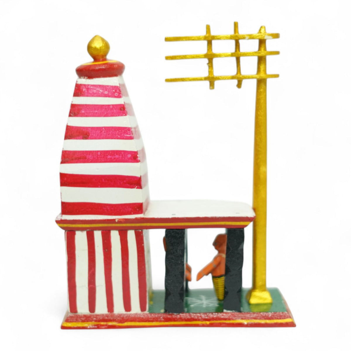 Kondapalli Temple Mandapam with Priest — handcrafted wooden diorama scene, main view