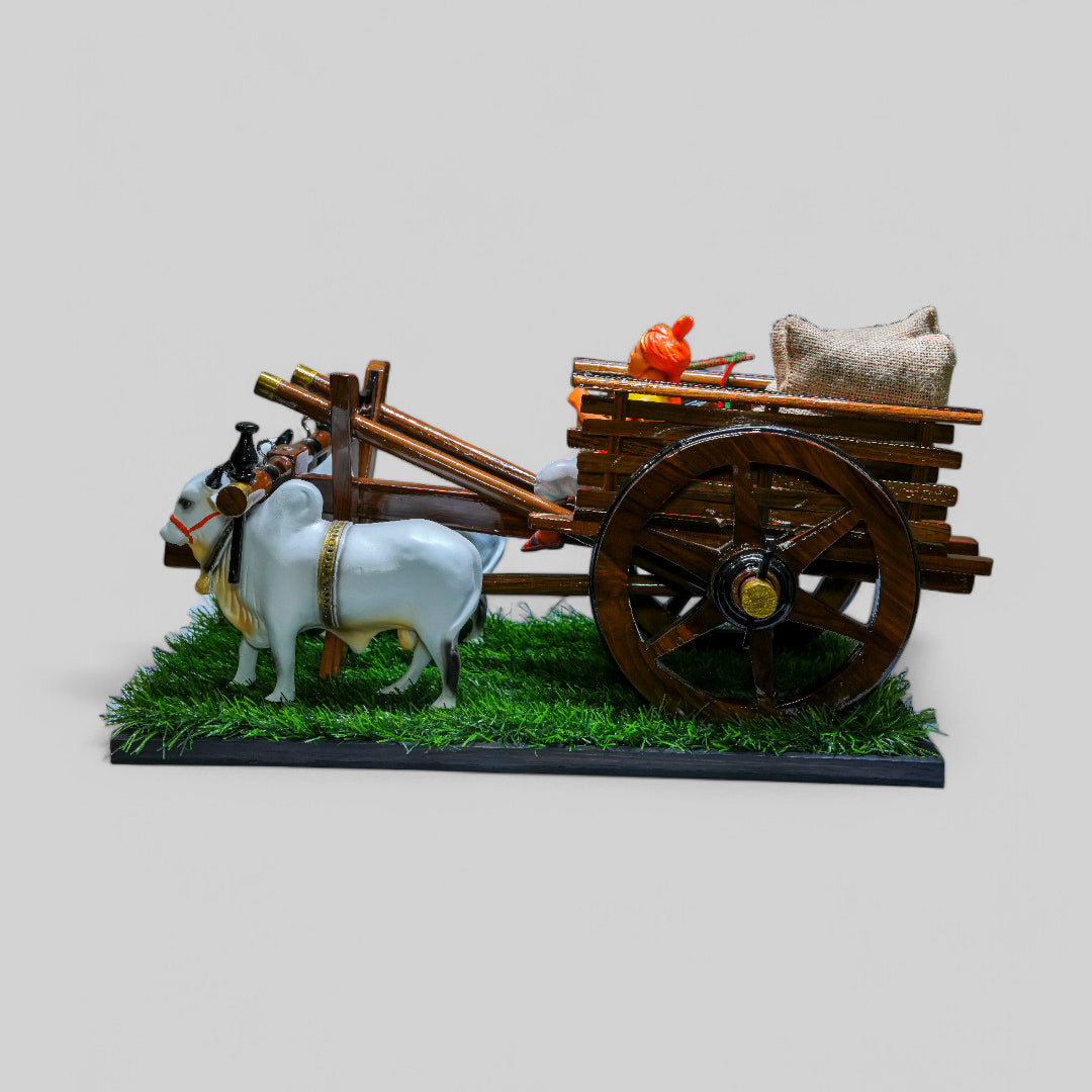 Teakwood Bullock Cart Gift Set – Medium — styled with bulls and farmer figure on grass base, view 4