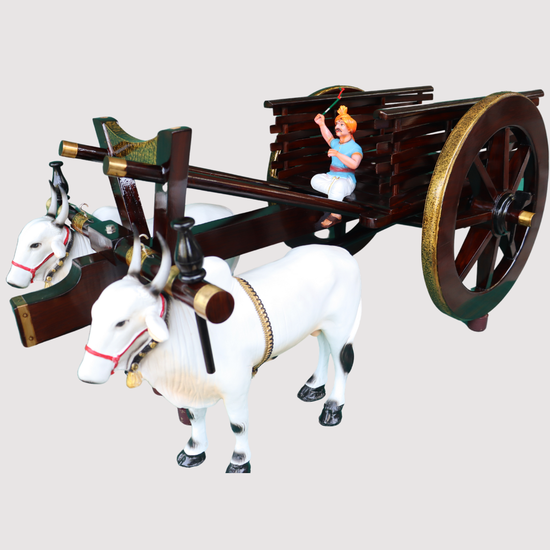 Handcrafted Teak Wood Bullock Cart Teapoy Set with Steel Bulls - Dark Brown Finish (Glass Not Included)