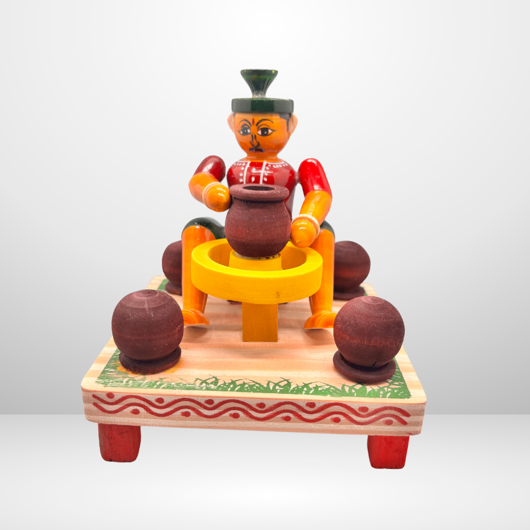 Handcrafted Etikoppaka Wooden Pot Seller Men | Traditional Indian Figurine for Home Décor & Gifts | Eco-Friendly Showpiece