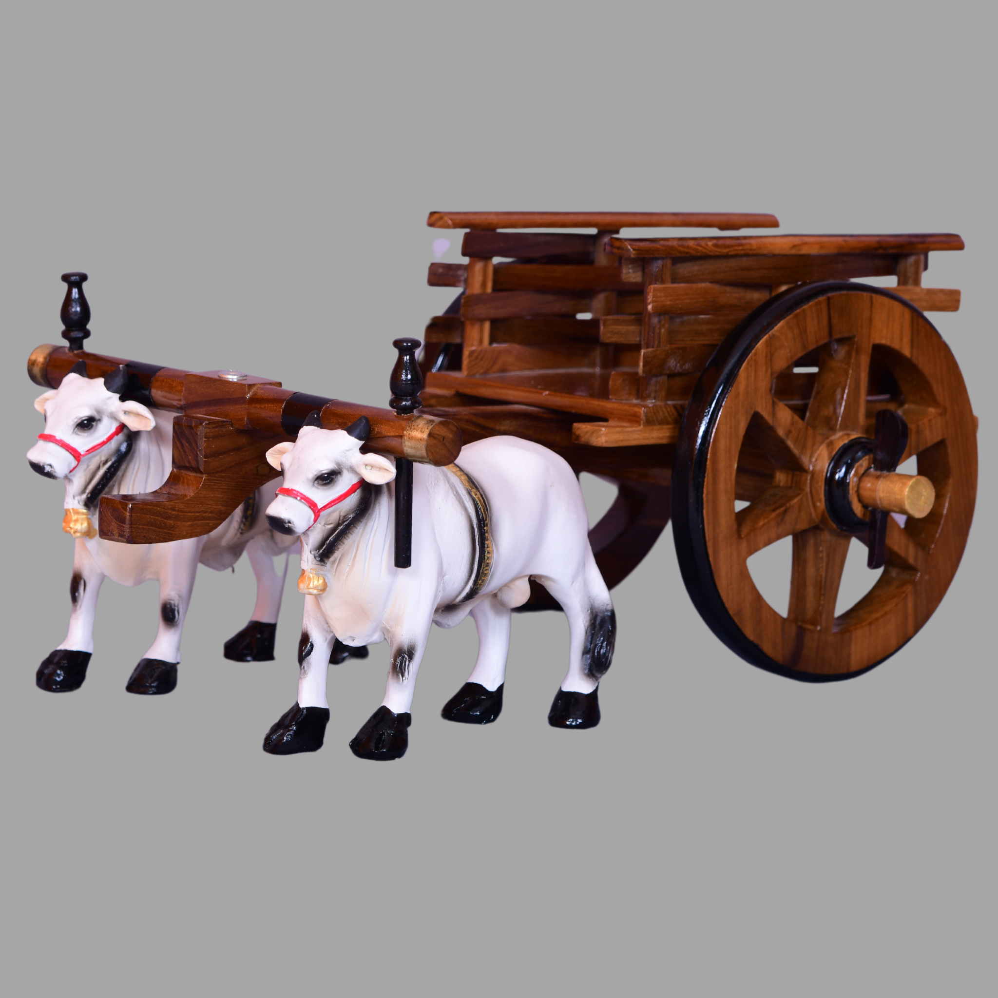 Handcrafted Teak Wood Bullock Cart with Fiber Bulls - Small Y-Shape Design, Brown Finish