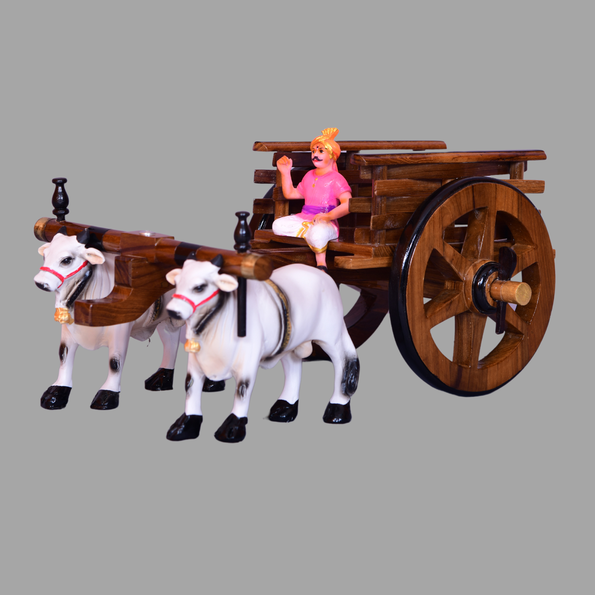 Handcrafted Teak Wood Bullock Cart with Fiber Bulls - Small Y-Shape Design, Brown Finish