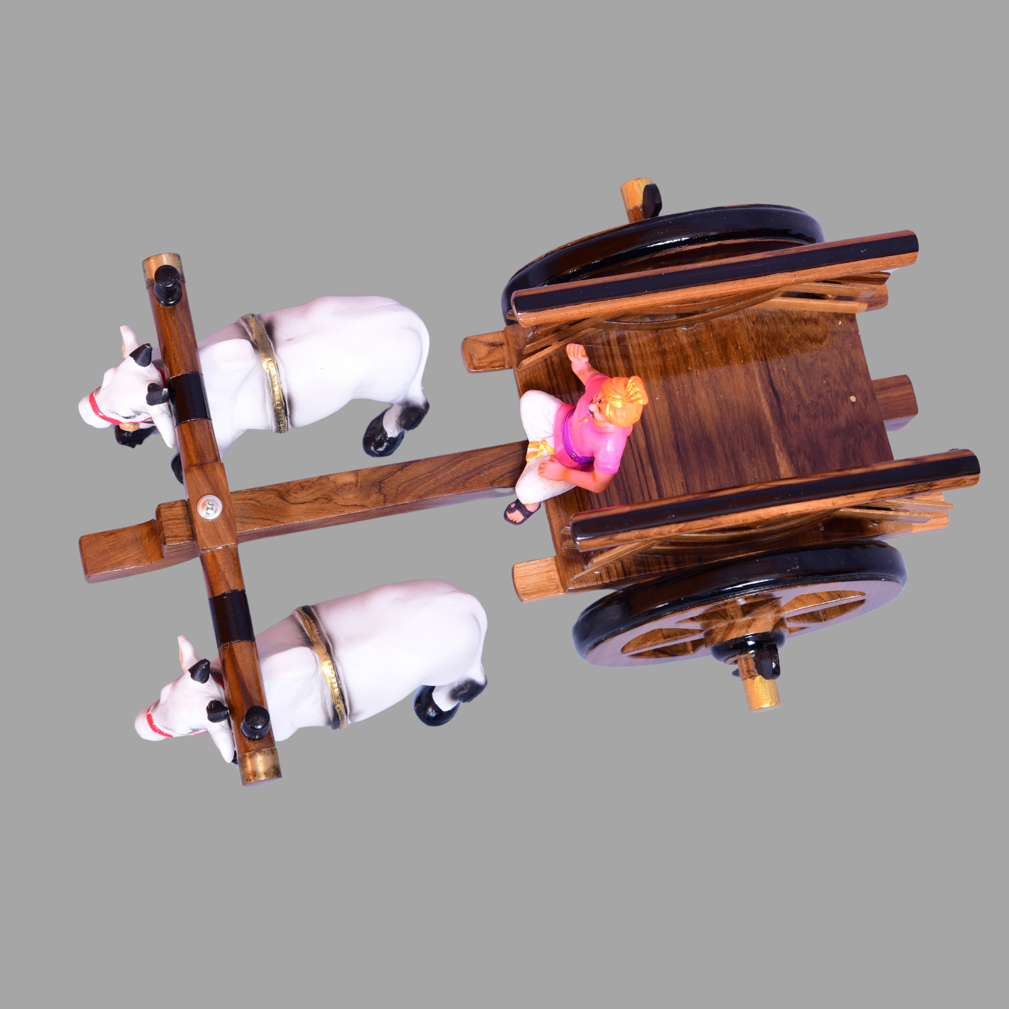 Handcrafted Teak Wood Bullock Cart with Fiber Bulls - Small Y-Shape Design, Brown Finish