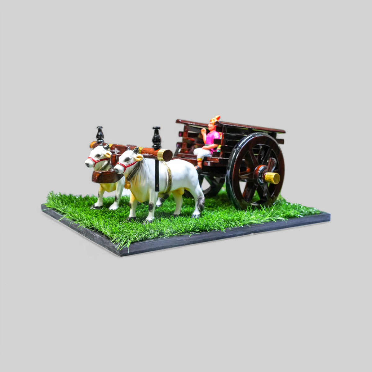 Dark Brown Bullock Cart Gift Set – Small — styled with bulls and farmer figure on grass base, main view