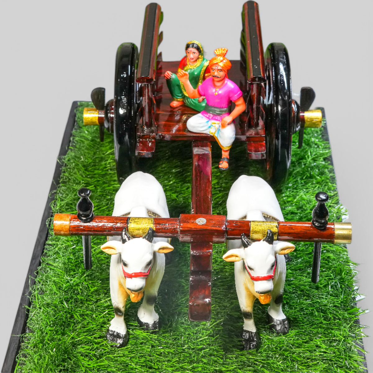 Dark Brown Bullock Cart Gift Set – Small — styled with bulls and farmer figure on grass base, view 3
