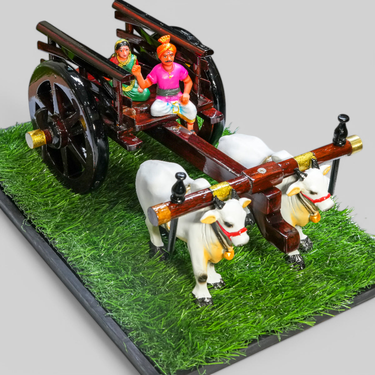Dark Brown Bullock Cart Gift Set – Small — styled with bulls and farmer figure on grass base, view 2