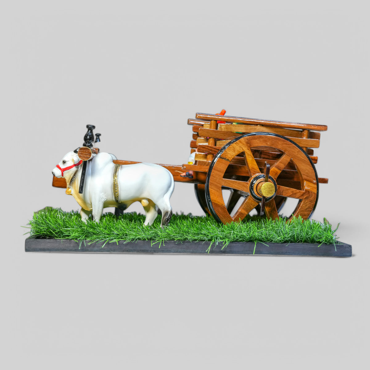 Teakwood Bullock Cart Gift Set – Small — styled with bulls and farmer figure on grass base, view 3