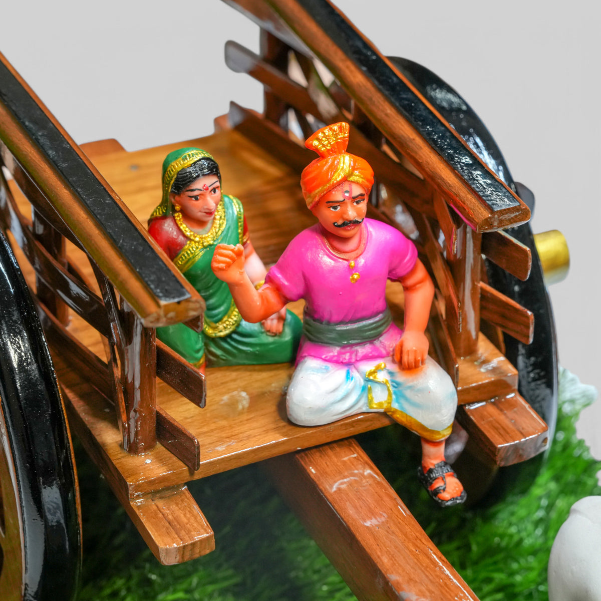 Teakwood Bullock Cart Gift Set – Small — styled with bulls and farmer figure on grass base, view 4