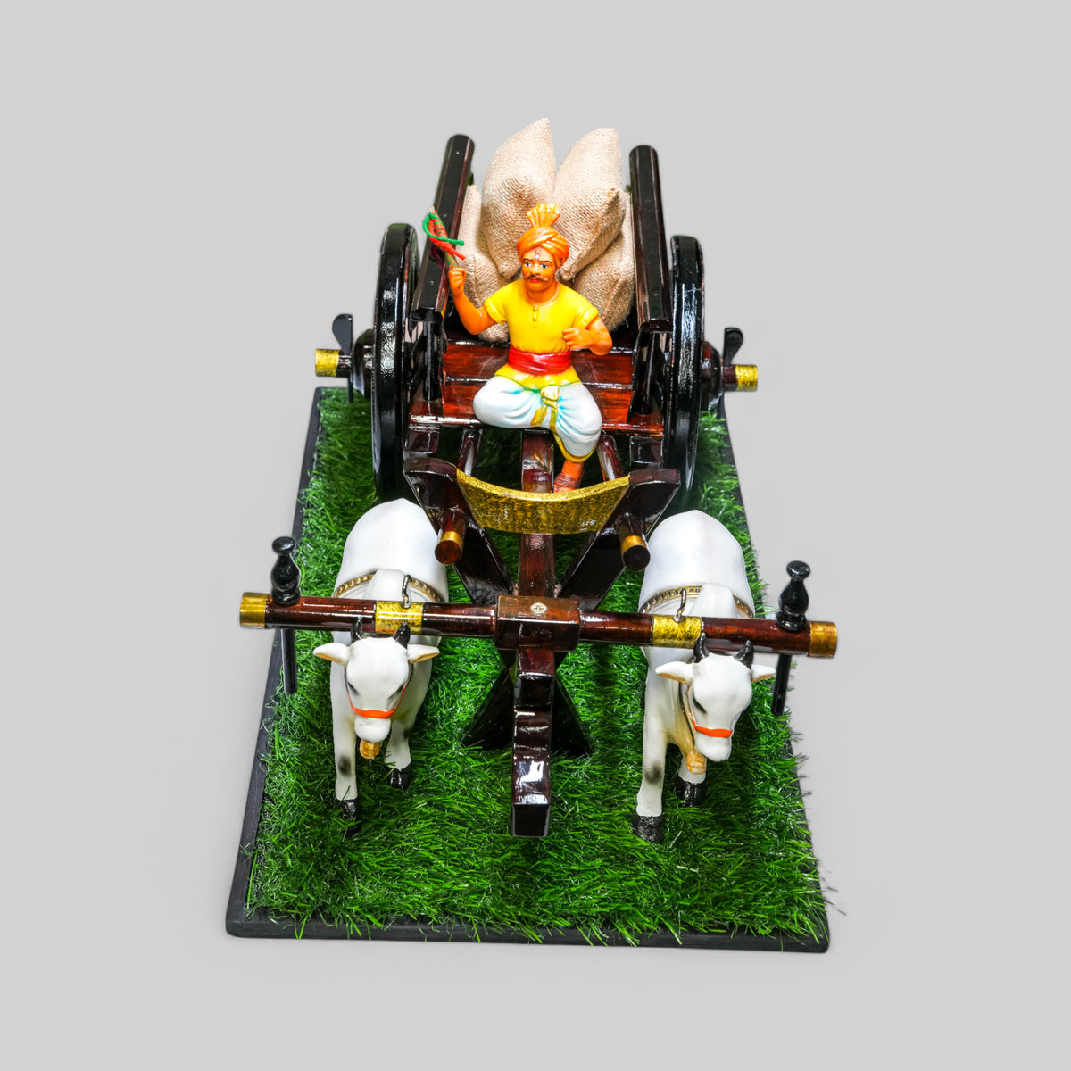 Dark Brown Bullock Cart Gift Set – Medium — styled with bulls and farmer figure on grass base, view 3