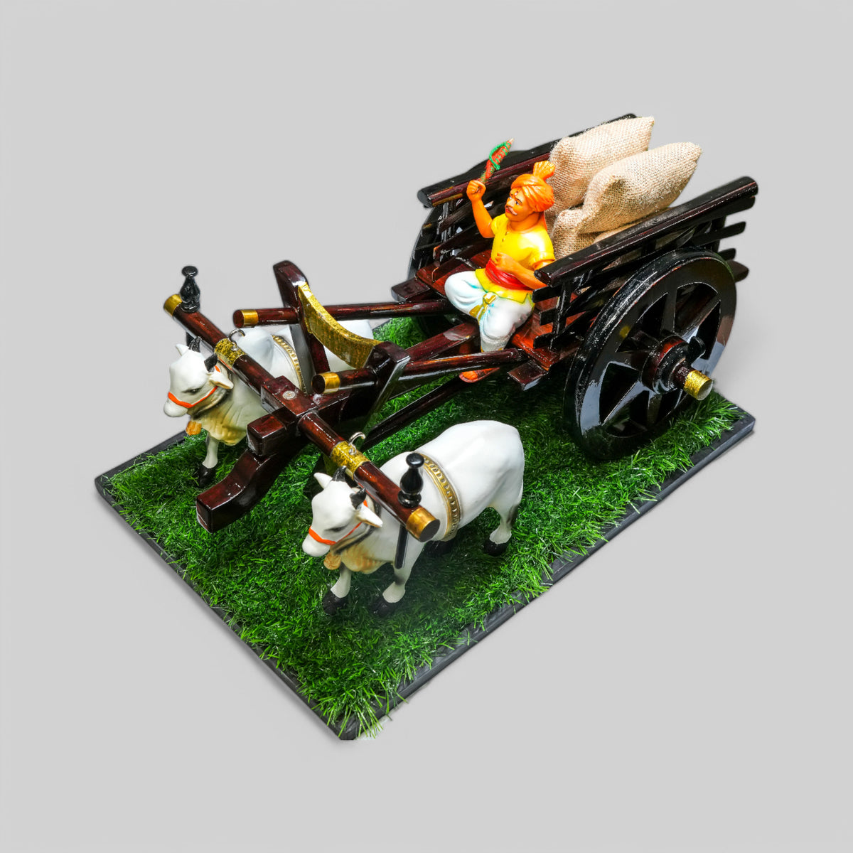 Dark Brown Bullock Cart Gift Set – Medium — styled with bulls and farmer figure on grass base, main view
