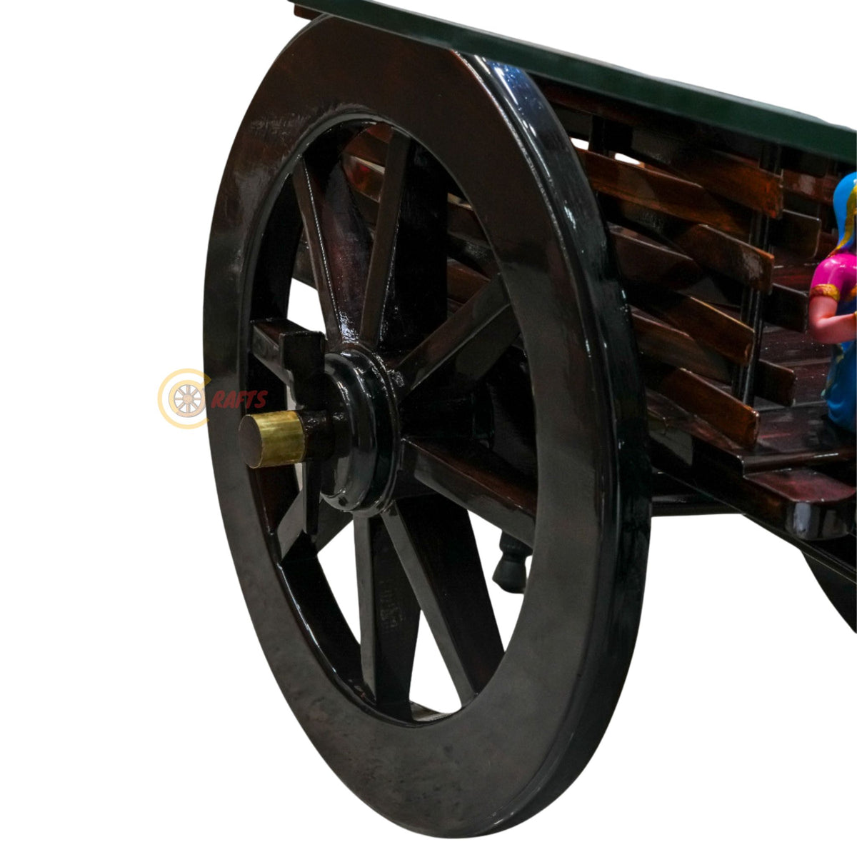 Dark Brown Bullock Cart Teapoy — close-up of the cart wheels