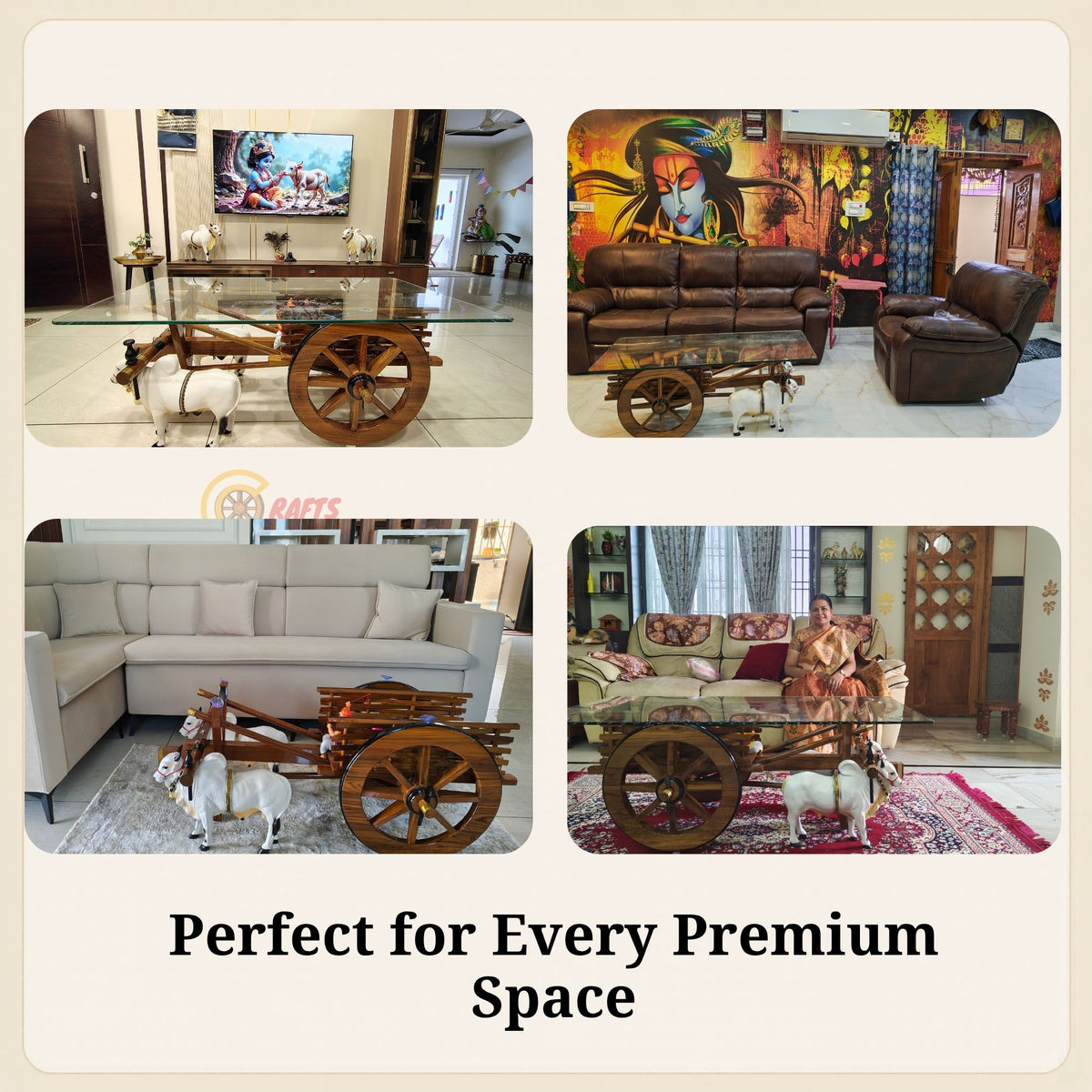 Real customer photos of the teak bullock cart teapoy in Indian living rooms