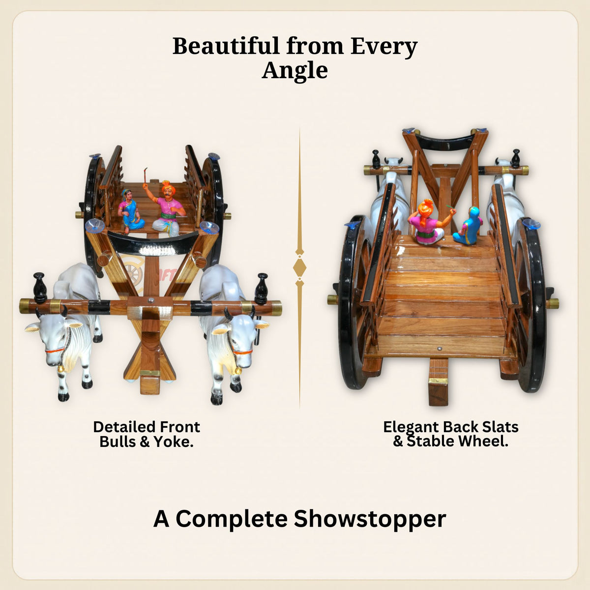 360-degree view of the teakwood bullock cart teapoy showing cart bed, wheels and yoke