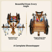 360-degree view of the teakwood bullock cart teapoy showing cart bed, wheels and yoke
