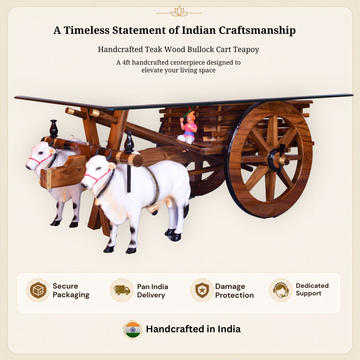 Teak wood bullock cart teapoy with pair of fiber bulls, full front view on white background
