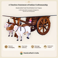 Teak wood bullock cart teapoy with pair of fiber bulls, full front view on white background