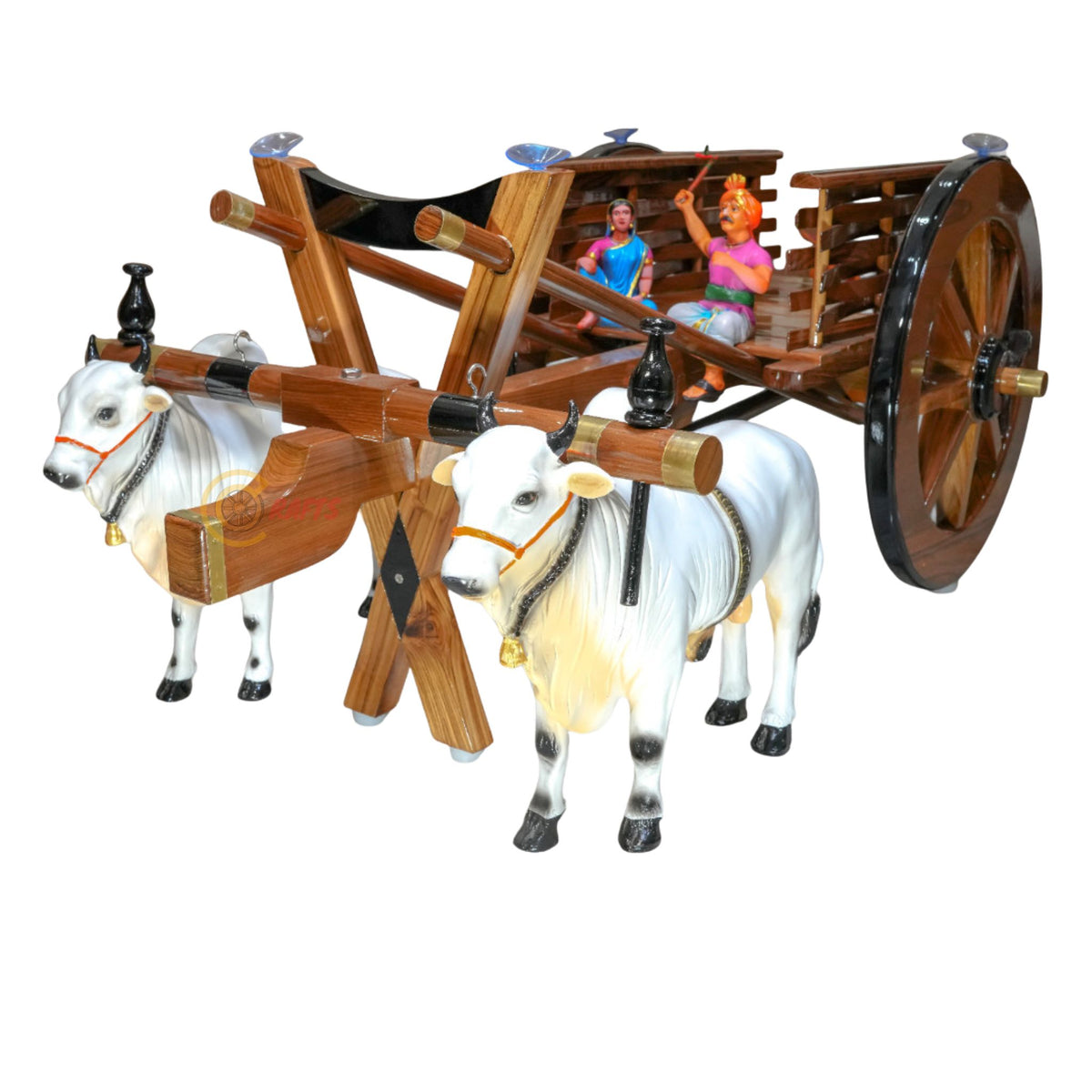 Close-up of handcrafted teak wood bullock cart teapoy showing natural grain and hand-carved detailing