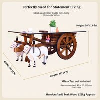 Bullock cart teapoy dimensions infographic: 48 x 24 x 20 inches, 25 kg solid teak