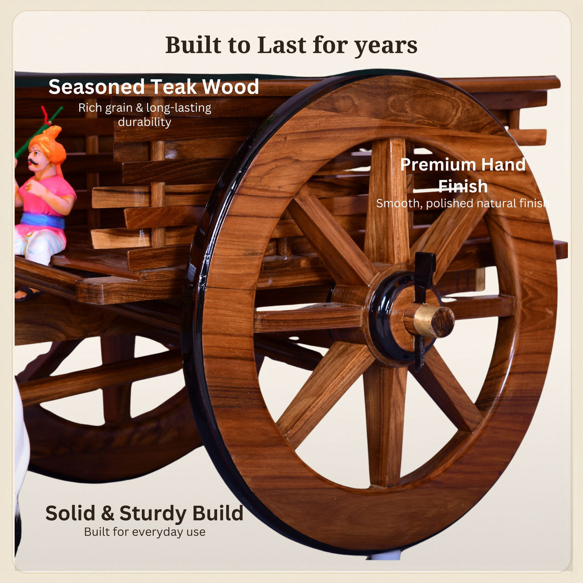 Hand-carved teak cart wheel with spokes, close-up craftsmanship detail
