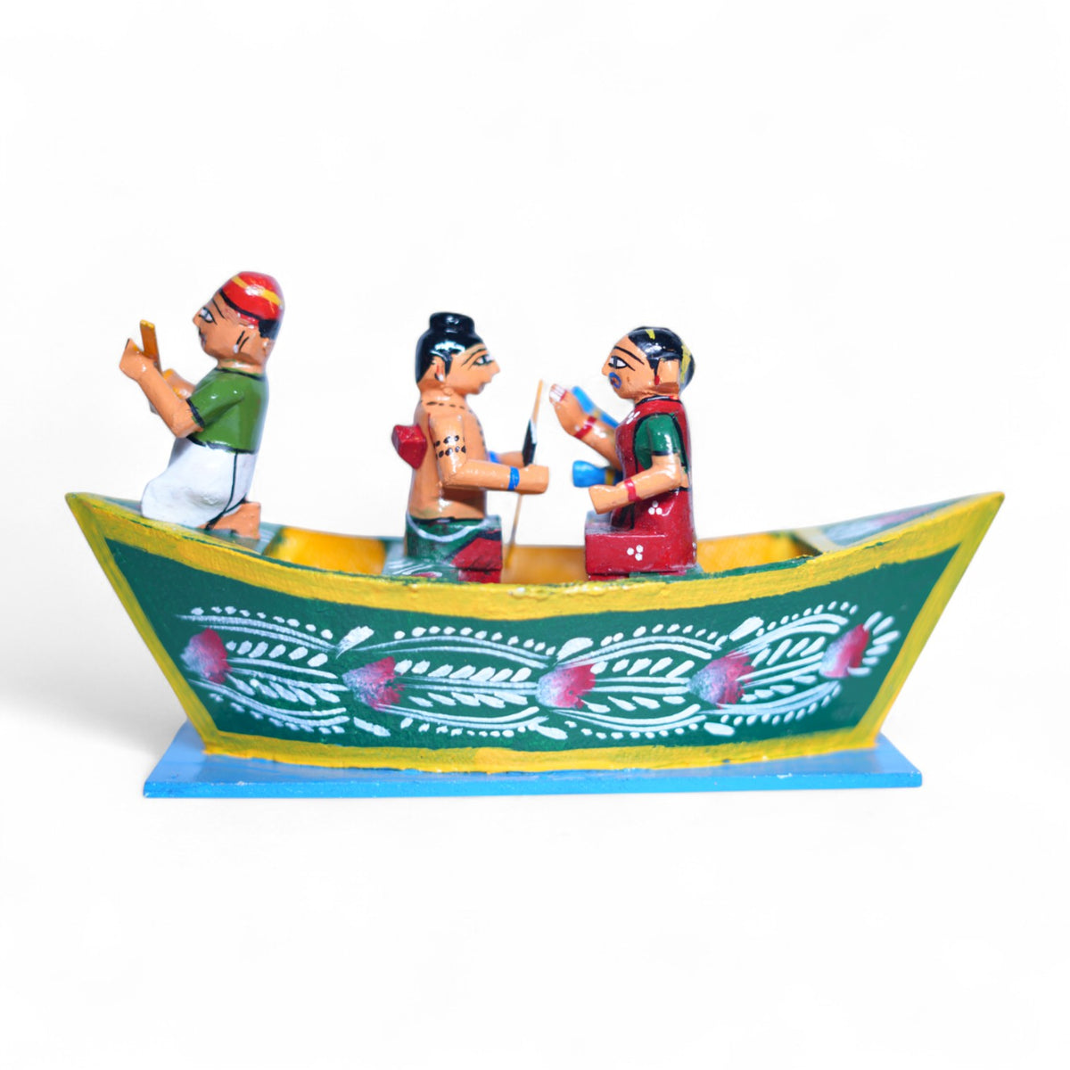 Kondapalli Rama Sita Lakshmana in Guhudu Boat — handcrafted wooden diorama scene, main view