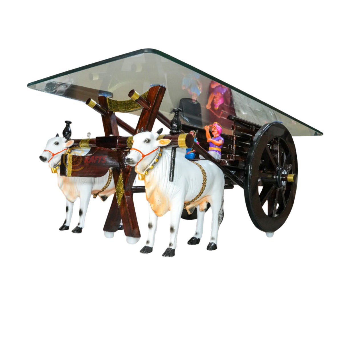 Dark Brown Bullock Cart Teapoy — alternate view styled with glass top as a table
