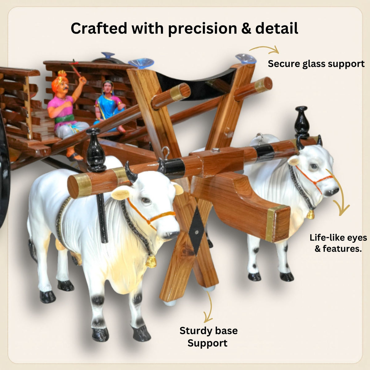 Fine hand-finished carving details on the teak bullock cart frame