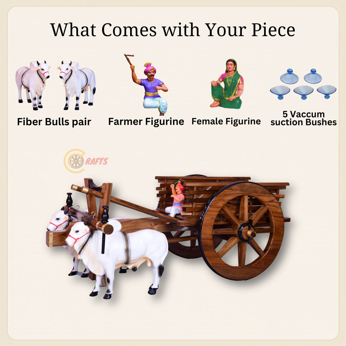 What is included: teak bullock cart, pair of fiber bulls, farmer and lady figures